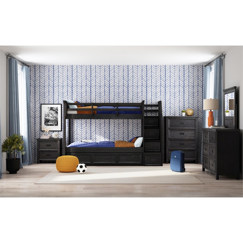 Brooklyn Kids Twin Over Twin Bunk- Staircase&Trundle 5PC Bedroom Set in Charcoal