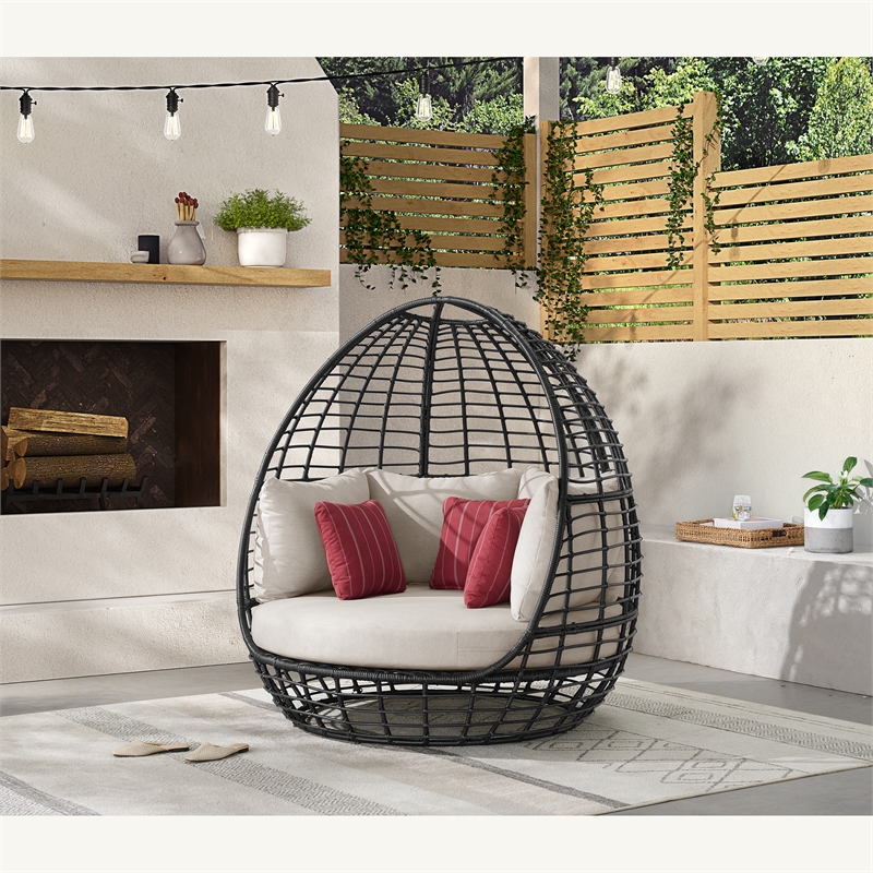 Fresca Twin Egg Chair Dark Grey and Olefin Beige with 3 Pillows