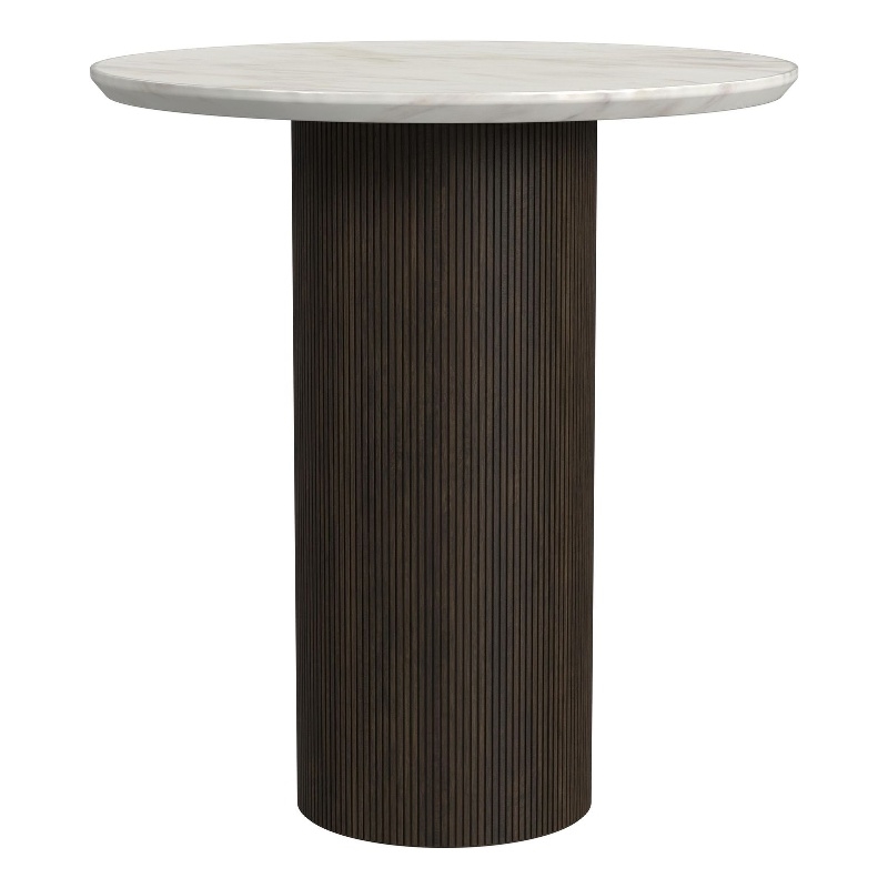Sutton Round End Table with White Faux Marble Top and Base in Dark Brown