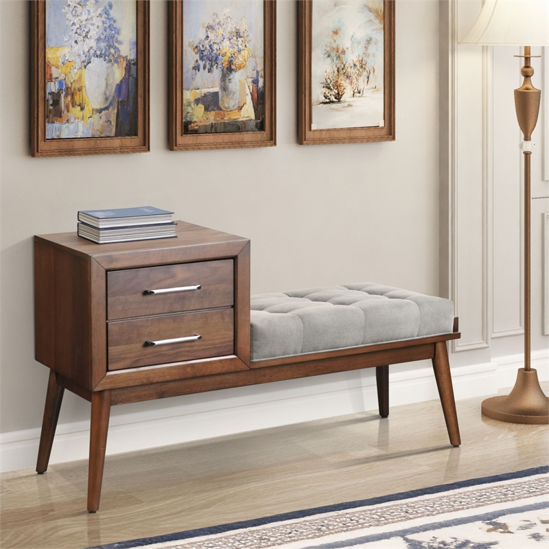 Picket House Furnishings Zuma Bench with Grey Fabric in Walnut