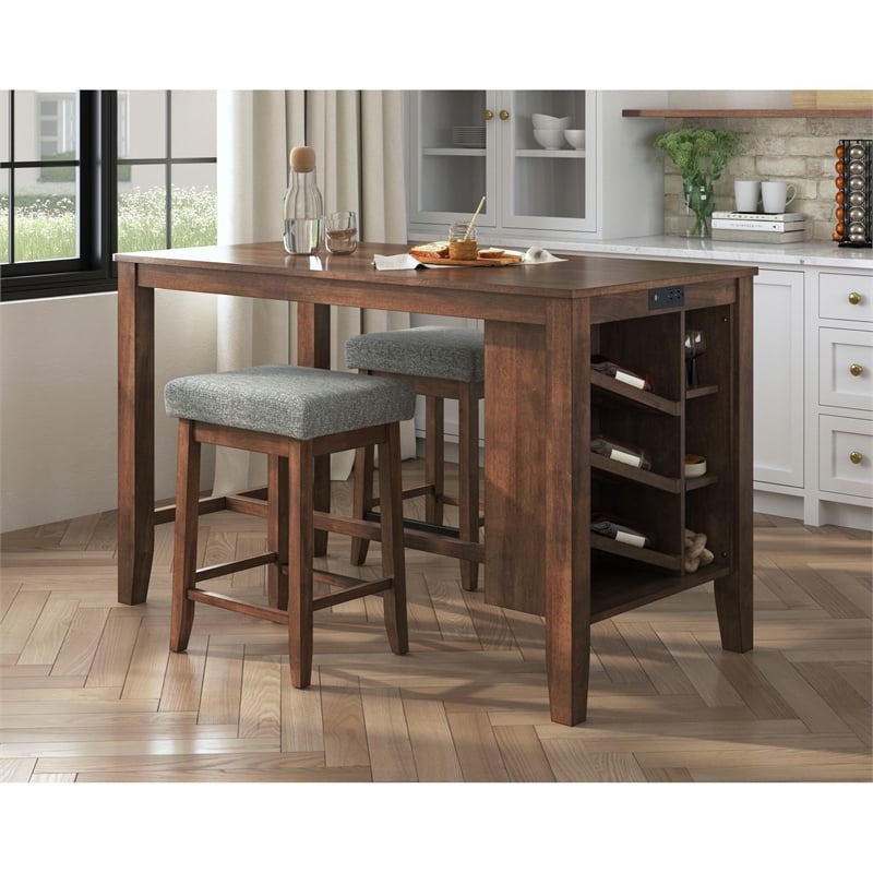 Picket House Furnishings Veronica Kitchen Island 2 Counter Stools - Grey/Walnut