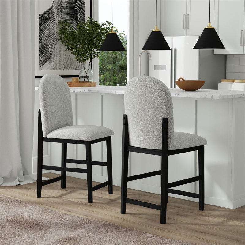 Picket House Furnishings Canal Round Back Barstool with Grey Fabric in Black