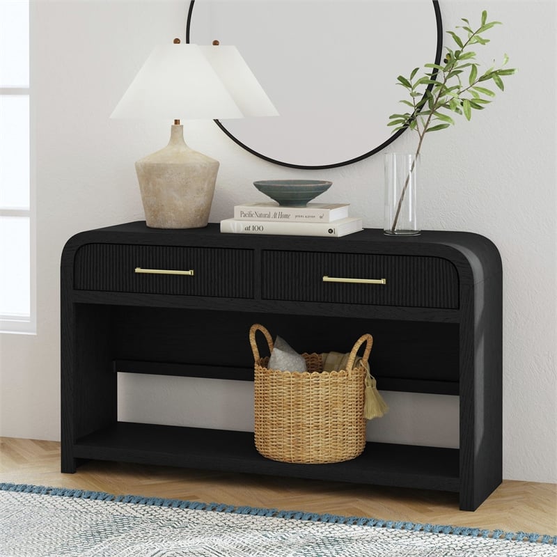 Picket House Furnishings Woodridge Sofa Table with Bottom Shelf in Black with Grain