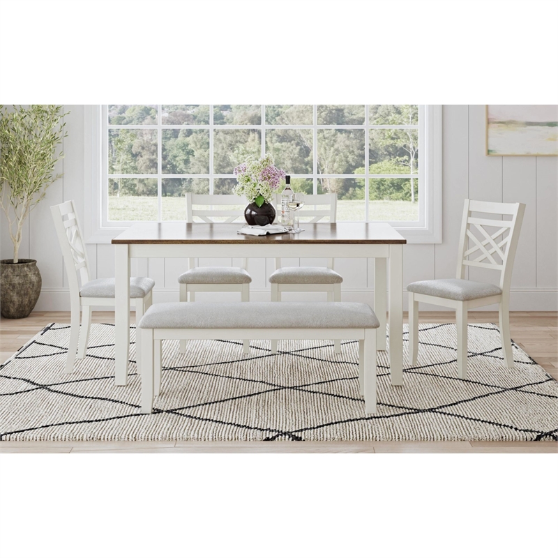 Picket House Furnishings Gill 6PC Dining Set with Table 4 Wood Back and UPH Seat Chairs and Bench in Medium Brown & White