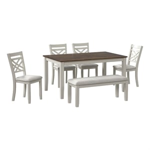 Picket House Furnishings Gill 6PC Dining Set with Table 4 Wood Back and UPH Seat Chairs and Bench in Medium Brown & White