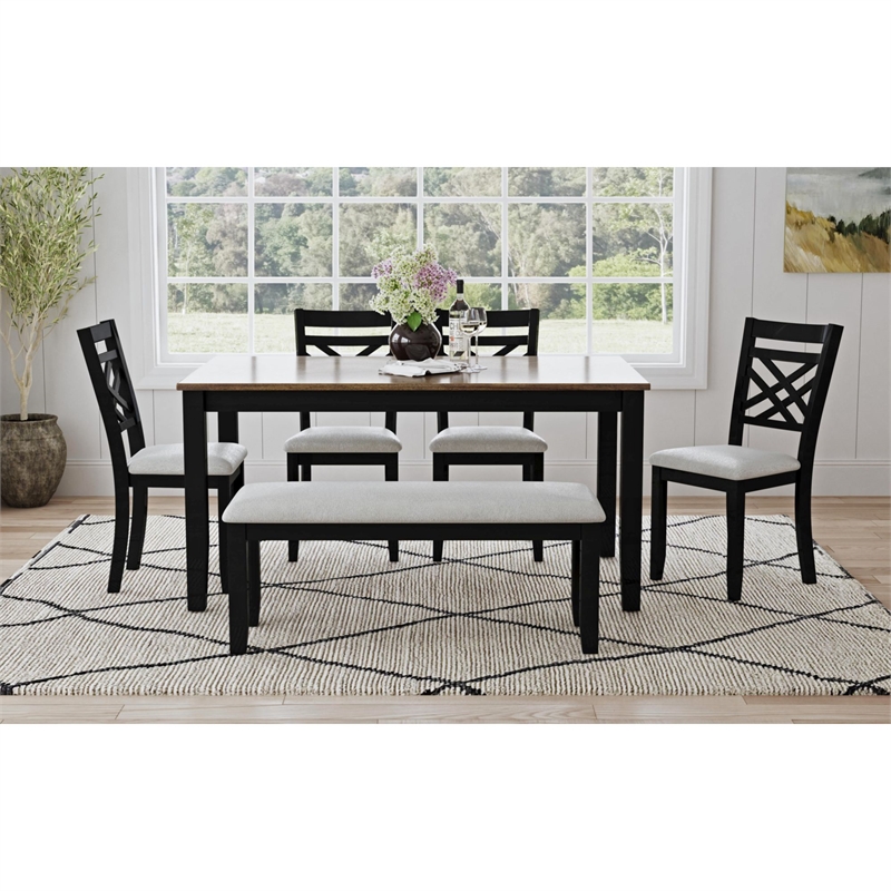 Picket House Furnishings Gill 6PC Dining Set with Table 4 Wood Back and UPH Seat Chairs and Bench in Medium Brown & Black