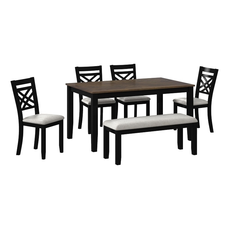 Picket House Furnishings Gill 6PC Dining Set with Table 4 Wood Back and UPH Seat Chairs and Bench in Medium Brown & Black