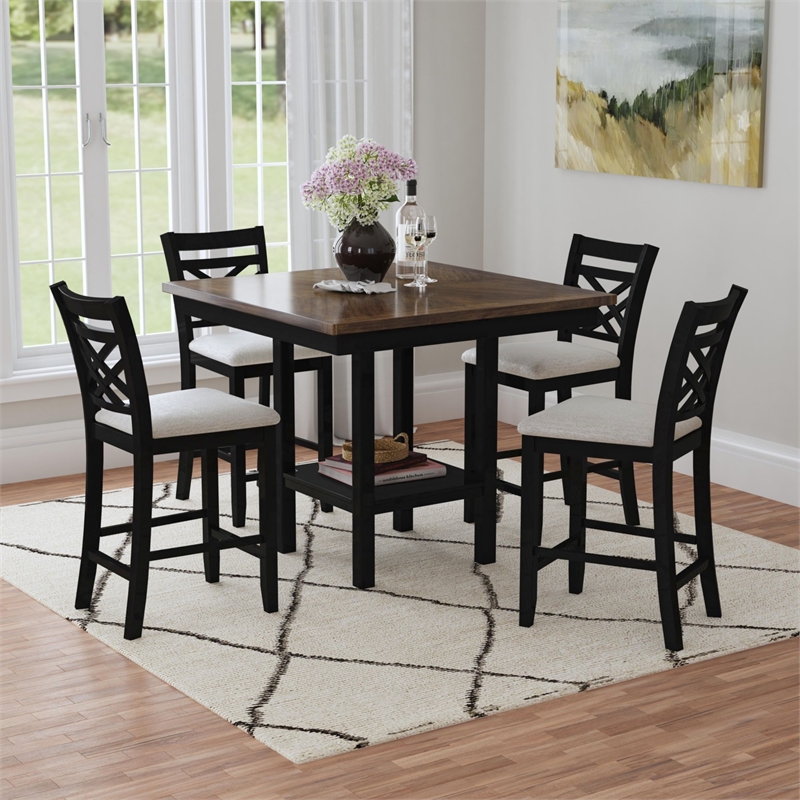 Picket House Furnishings Gill 5PC Counter Set with Table and 4 UPH Seat & Wood Back Chairs in Medium Brown & Black