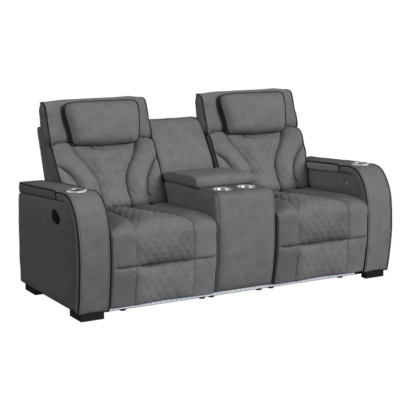 Tundra Motion Loveseat with Console and LED in Simba Slate/Black Welt