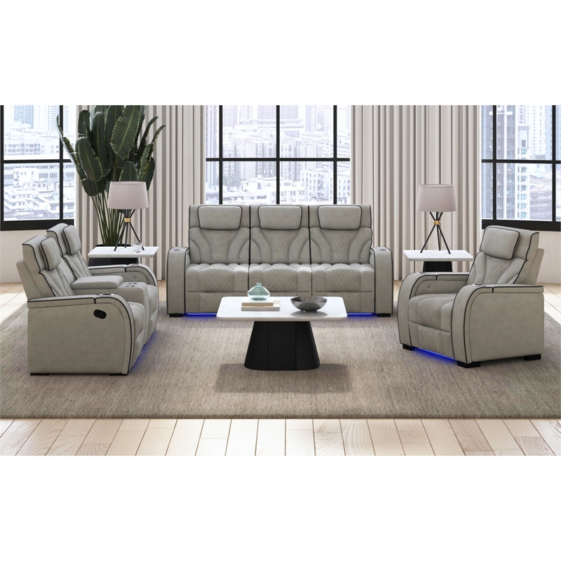 Tundra Motion Loveseat with Console and LED in Simba Taupe/Black Welt