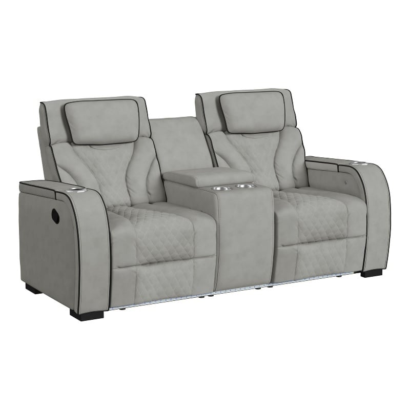 Tundra Motion Loveseat with Console and LED in Simba Taupe/Black Welt