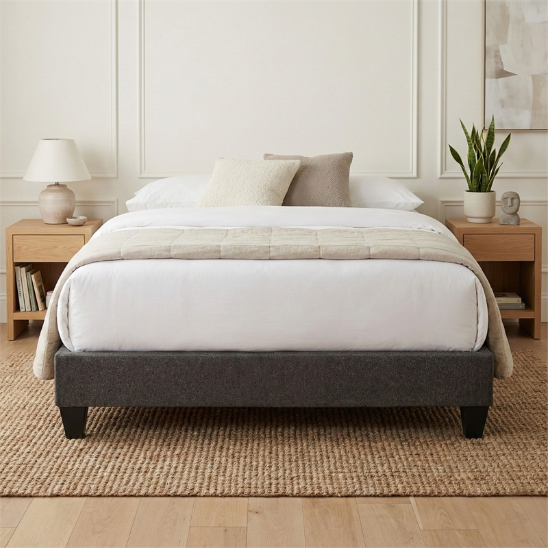 Primo International Speedy Twin XL Wood and Fabric Platform Bed Frame in Stone