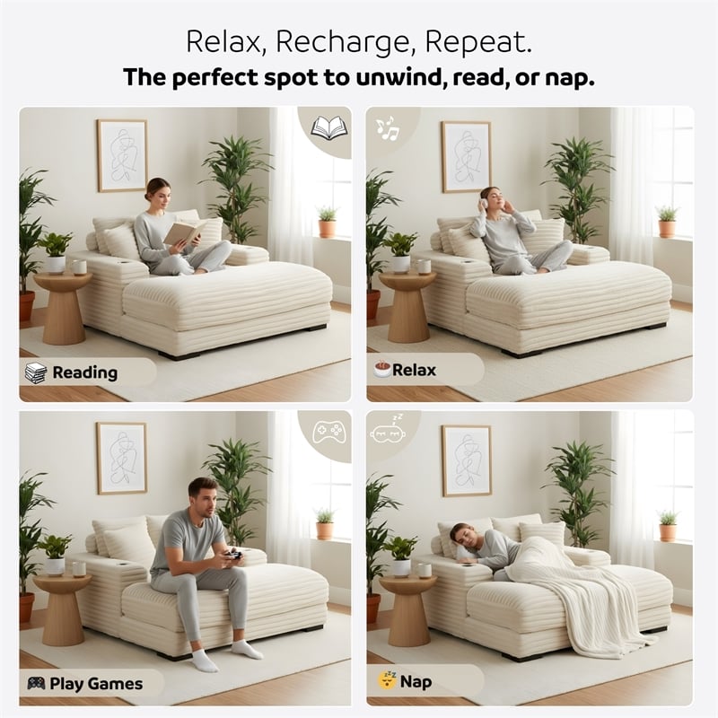 Cocoon Taupe Oversized Fabric Cuddler Chaise with Cupholder and USB Ports