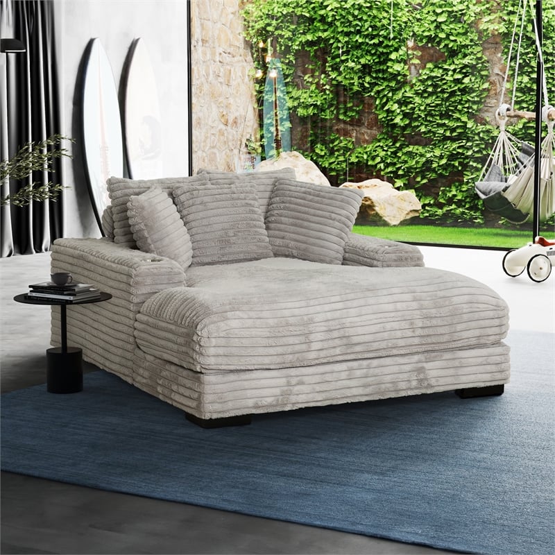 Cocoon Gray Oversized Fabric Cuddler Chaise with Cupholder and USB Ports