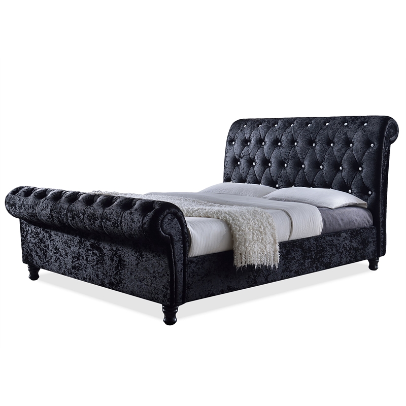 Castello Velvet Upholstered King Sleigh Bed in Black
