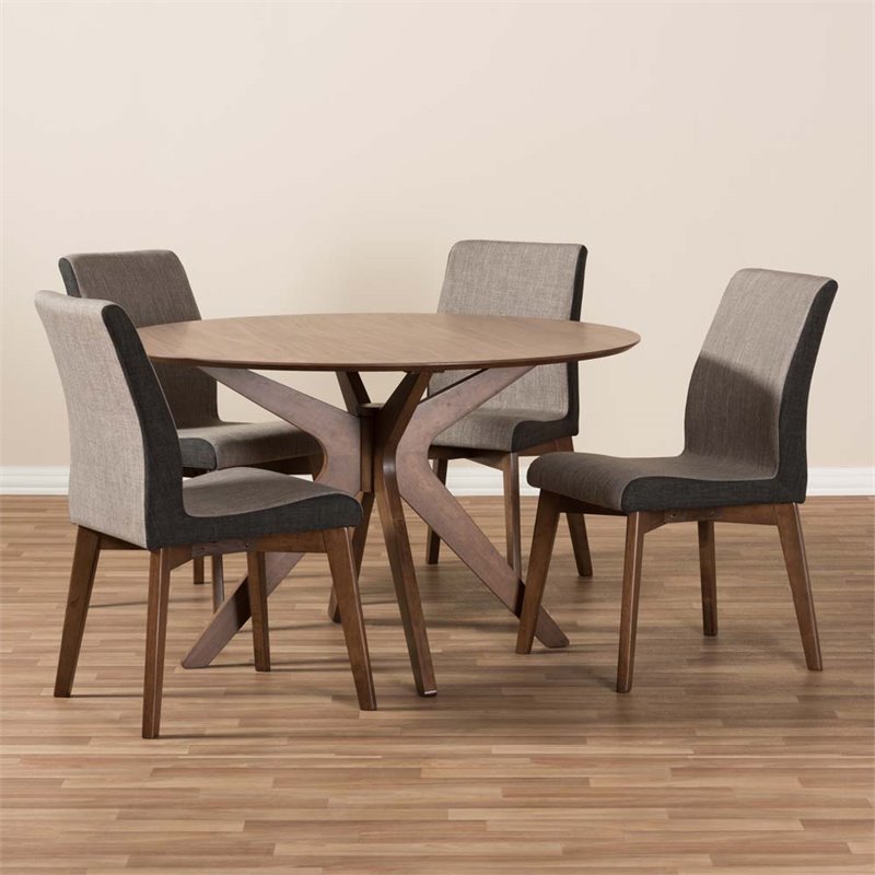 Baxton Studio Kimberly 5 Piece Round Dining Set in Gravel and Walnut