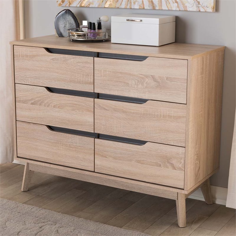 Baxton Studio Fella 6 Drawer Wood Double Dresser in Light Brown