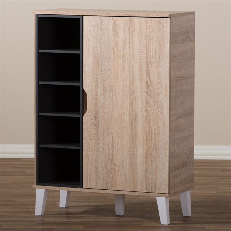 Baxton Studio Adelina Mid-Century 1-Door Wood Shoe Cabinet in Oak and Gray