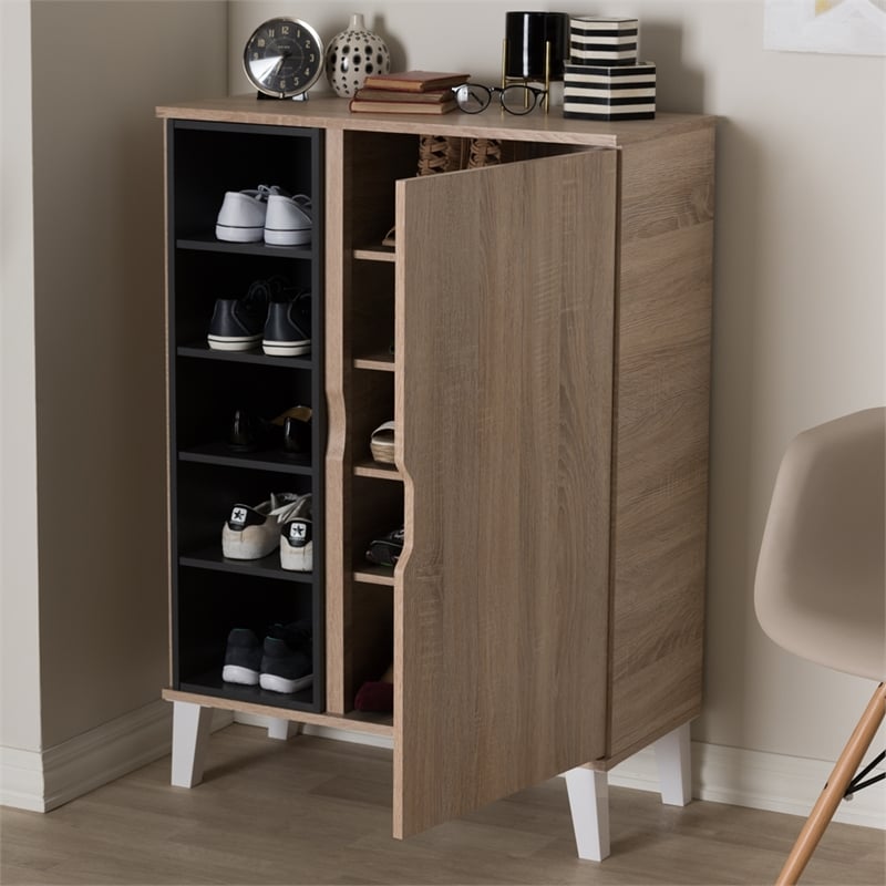 Baxton Studio Adelina Mid-Century 1-Door Wood Shoe Cabinet in Oak and Gray
