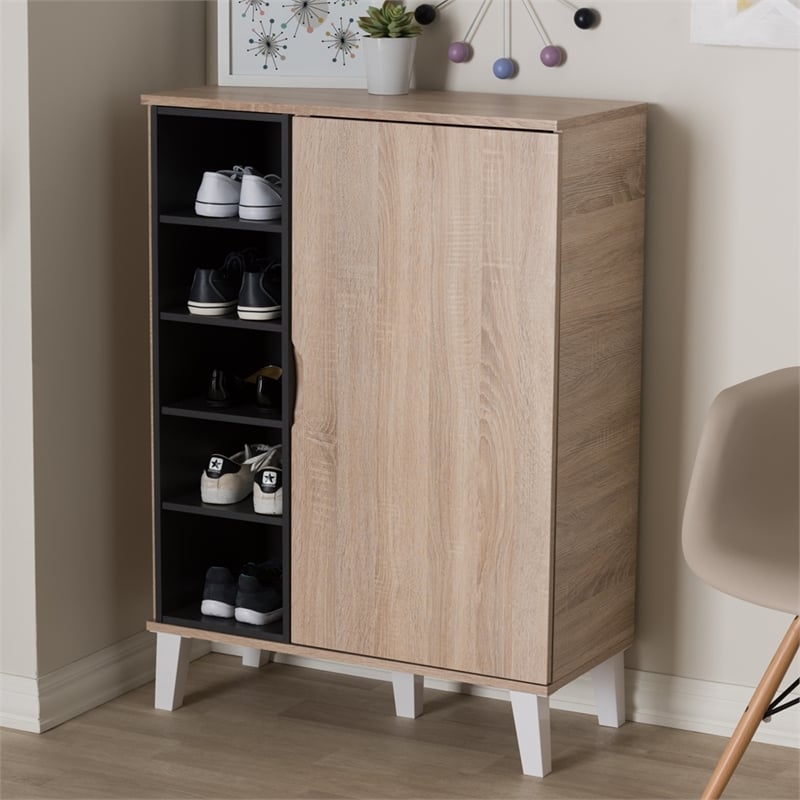 Baxton Studio Adelina Mid-Century 1-Door Wood Shoe Cabinet in Oak and Gray