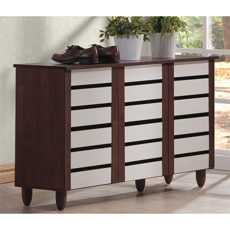 Baxton Studio Gisela 3 Door Shoe Cabinet in Dark Oak and White