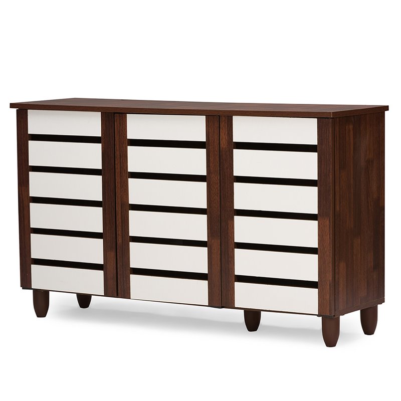 Baxton Studio Gisela 3 Door Shoe Cabinet in Dark Oak and White