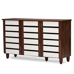Baxton Studio Gisela 3 Door Shoe Cabinet in Dark Oak and White
