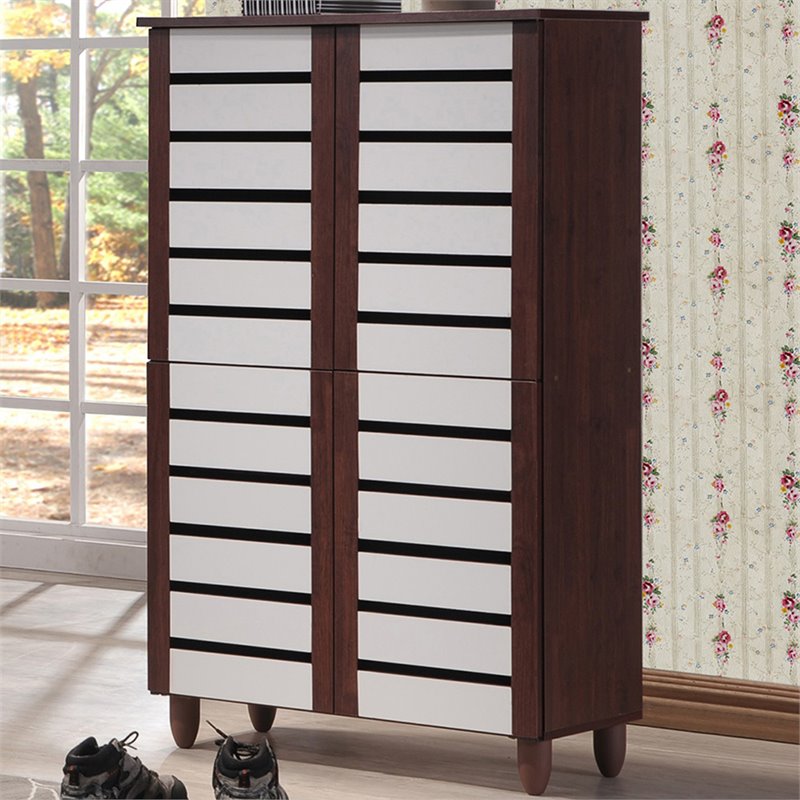 Baxton Studio Gisela 4 Door Shoe Cabinet in Dark Oak and White