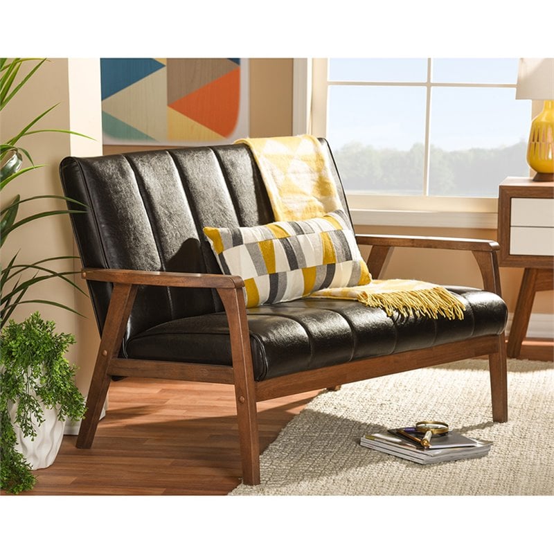 Baxton Studio Nikko Faux Leather Loveseat in Dark Espresso and Walnut