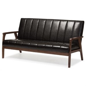 Baxton Studio Nikko Faux Leather Sofa in Dark Brown and Walnut