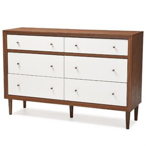Baxton Studio Harlow 6 Drawer Double Dresser in White and Walnut