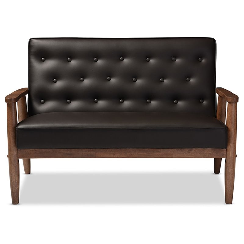 Baxton Studio Sorrento Faux Leather Tufted Loveseat in Dark Brown