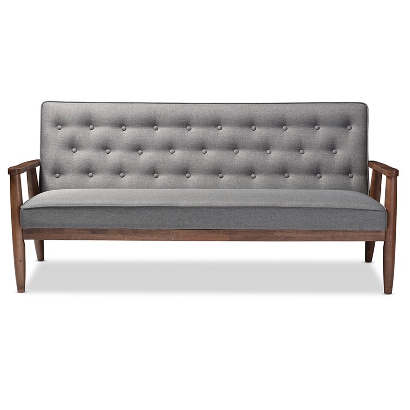 Baxton Studio Sorrento Tufted Sofa in Gray and Walnut