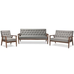 Baxton Studio Sorrento 3 Piece Tufted Sofa Set in Gray and Dark Walnut