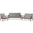 Baxton Studio Sorrento 3 Piece Tufted Sofa Set in Gray and Dark Walnut