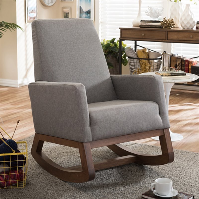 Baxton Studio Yashiya Upholstered Rocker in Gray and Walnut