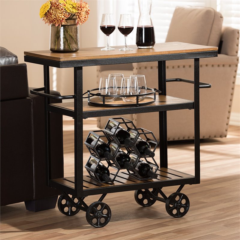 Baxton Studio Kennedy Bar Cart in Distressed Oak and Antique Black