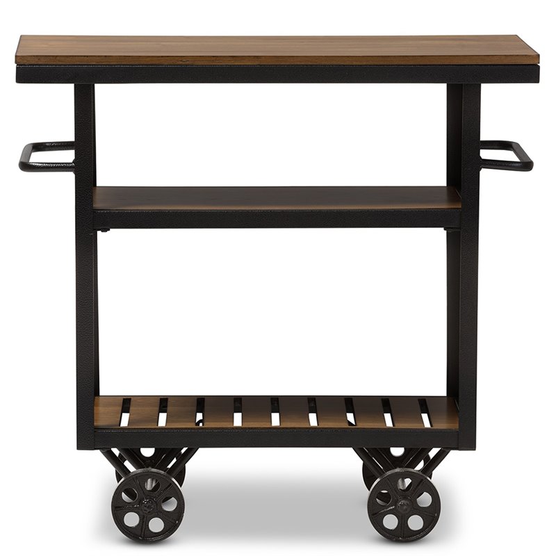Baxton Studio Kennedy Bar Cart in Distressed Oak and Antique Black