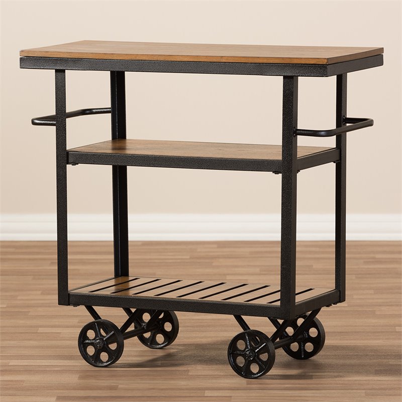 Baxton Studio Kennedy Bar Cart in Distressed Oak and Antique Black