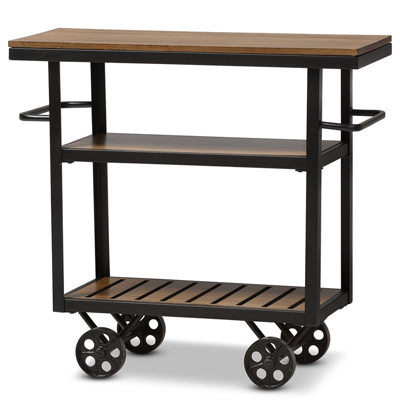 Baxton Studio Kennedy Bar Cart in Distressed Oak and Antique Black