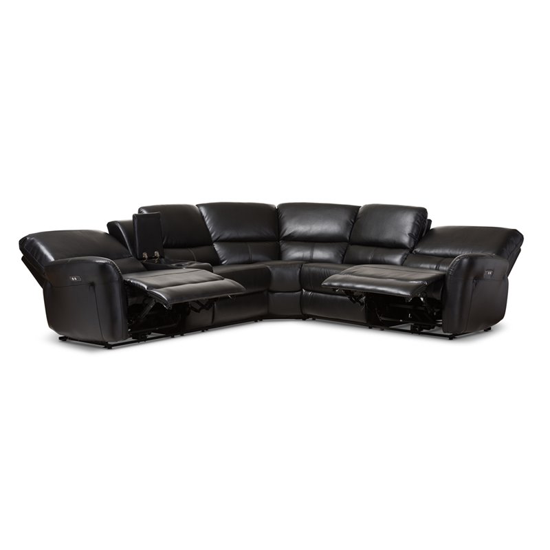 Baxton Studio Amaris 5 Piece Leather Reclining Sectional in Black