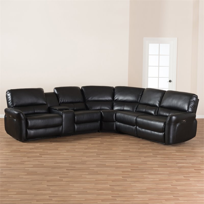 Baxton Studio Amaris 5 Piece Leather Reclining Sectional in Black