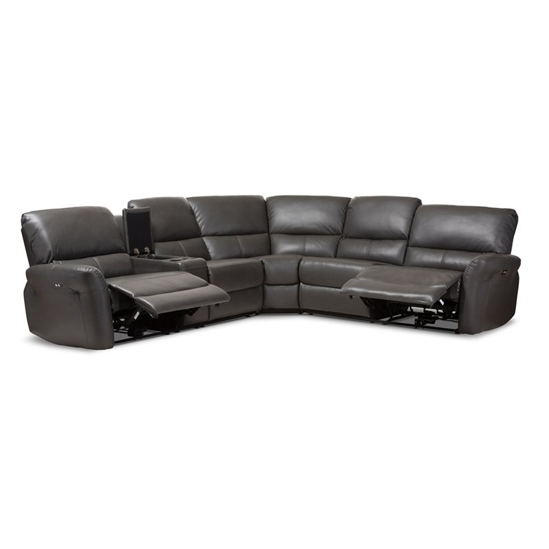 Baxton Studio Amaris 5 Piece Leather Reclining Sectional in Gray