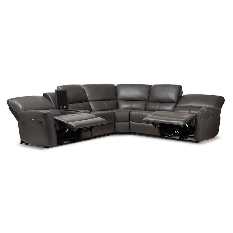 Baxton Studio Amaris 5 Piece Leather Reclining Sectional in Gray