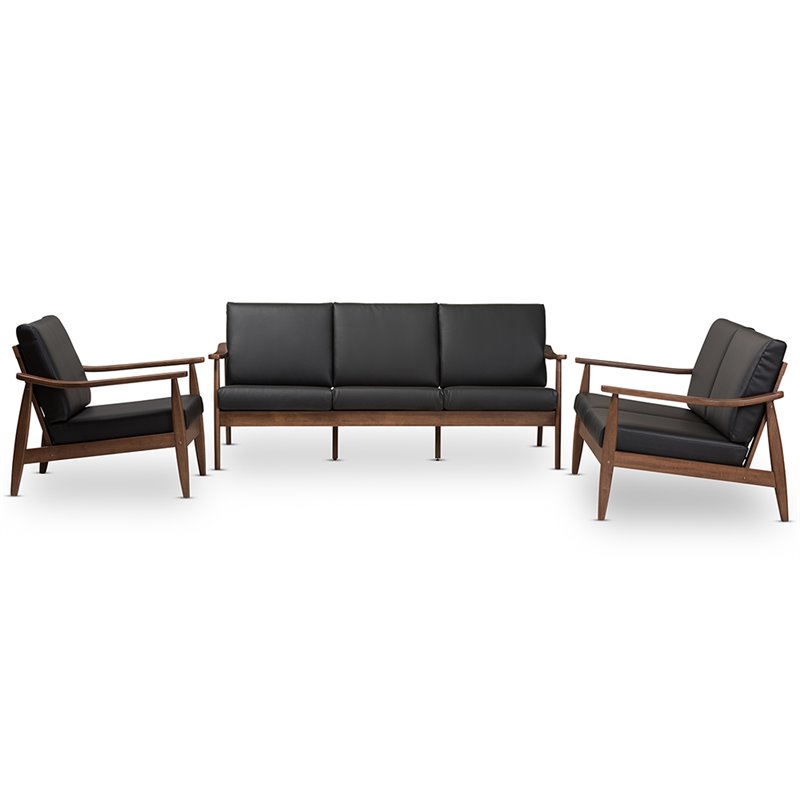 Baxton Studio Venza 3 Piece Upholstered Sofa Set in Black and Brown