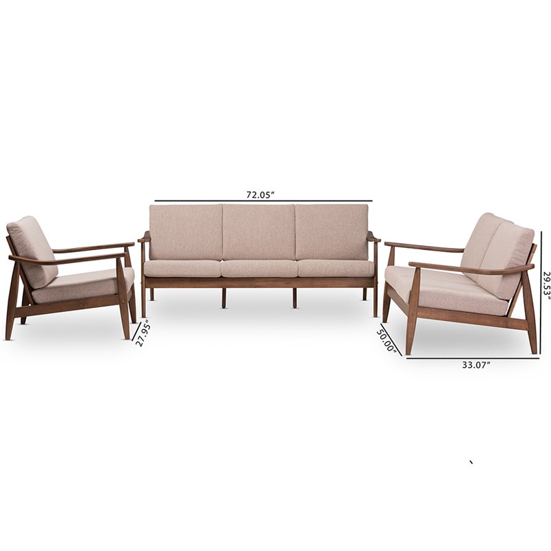 Baxton Studio Venza 3 Piece Tufted Sofa Set in Brown and Walnut Brown