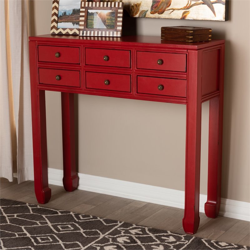 Baxton Studio Pomme 6 Drawer Console Table in Red and Bronze
