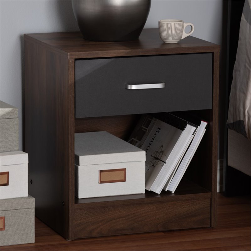 Baxton Studio Hansel 1 Drawer Wood Nightstand in Dark Brown and Dark Grey