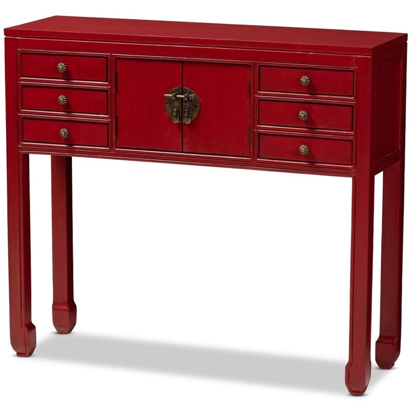 Baxton Studio Melodie 6 Drawer Console Table in Red and Bronze