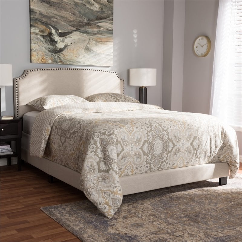 Baxton Studio Odette Nailhead Upholstered Full Bed in Light Beige
